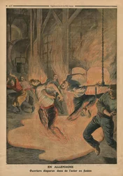 In Duitsland, arbeiders zinken in gesmolten staal, illustratie uit 